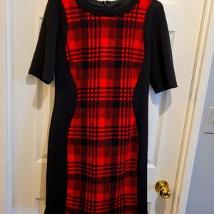 Designer women's dress! Red and black! Accentuating lines!